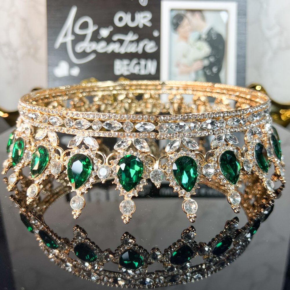 Royal Queen Crown for Women, Green Rhinestone Wedding Crown, Prom Party XL Crown - Picture 3 of 6